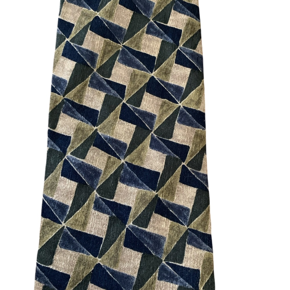 Savane 100% silk tie. Shades of blue, green and tan.